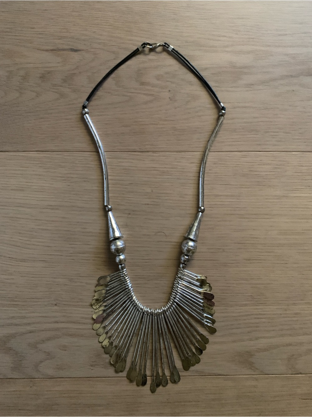 Vintage 1970s Boho Metal Spoon Bib Statement Necklace Silver Tone Hippie